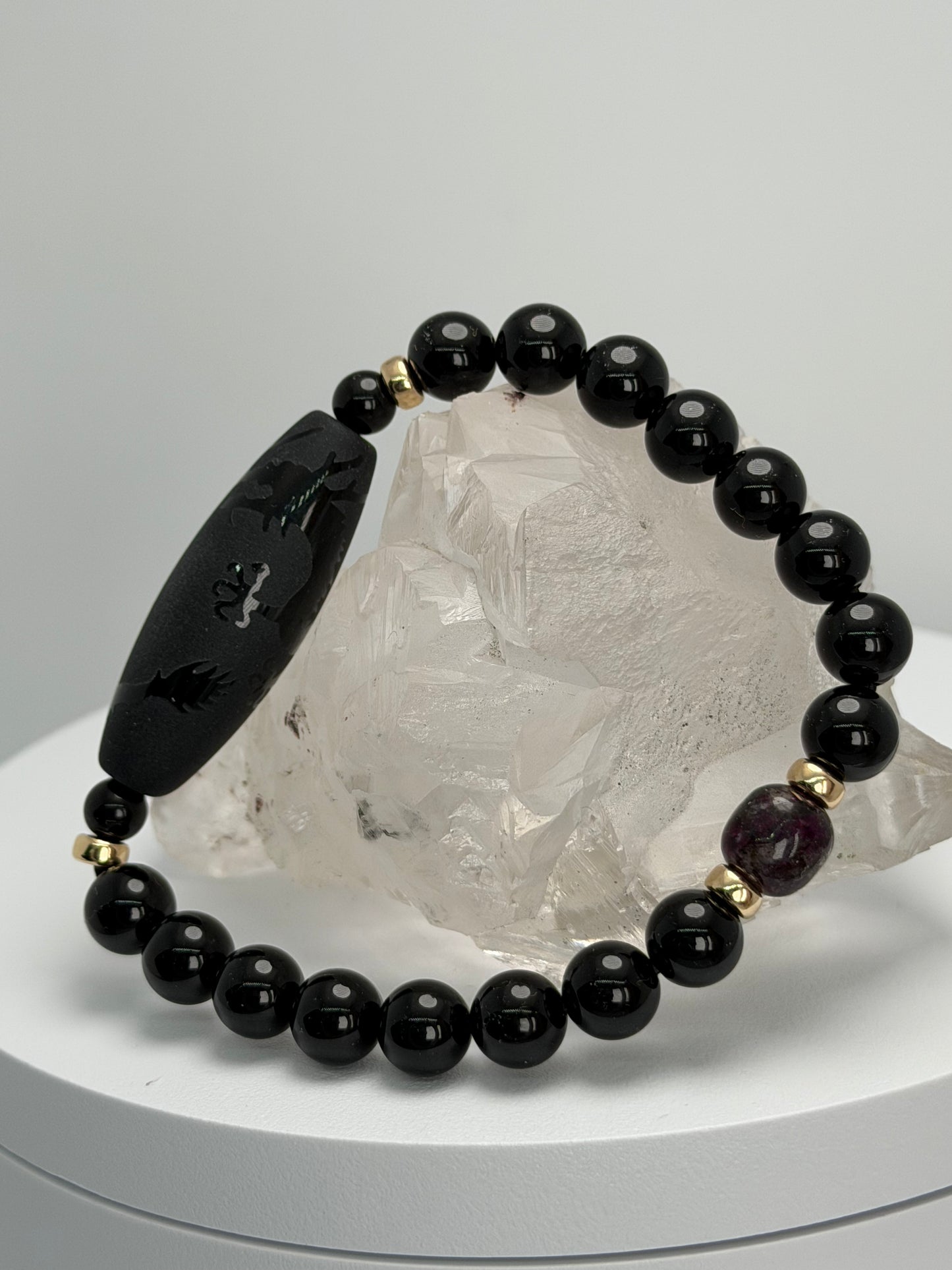 【AMERI最高峰守護】チベット産モリオン×スギライト ブレスレット｜龍神天珠モデル　003