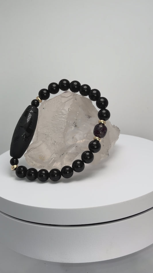 【AMERI最高峰守護】チベット産モリオン×スギライト ブレスレット｜龍神天珠モデル　003