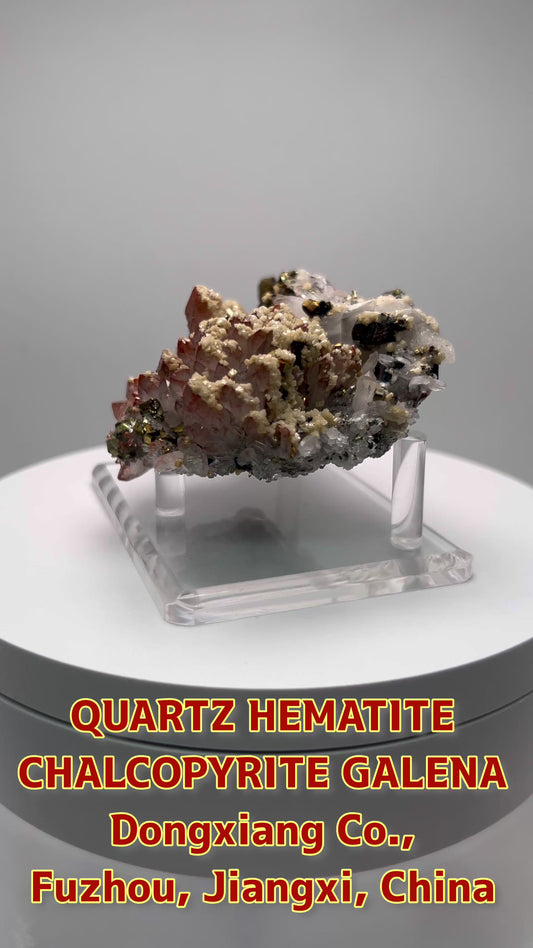 【赤く染まるクォーツ】黄銅鉱と方鉛鉱が共演する中国・江西省の標本💎
Quartz with Hematite, Chalcopyrite & Galena – Jiangxi, China